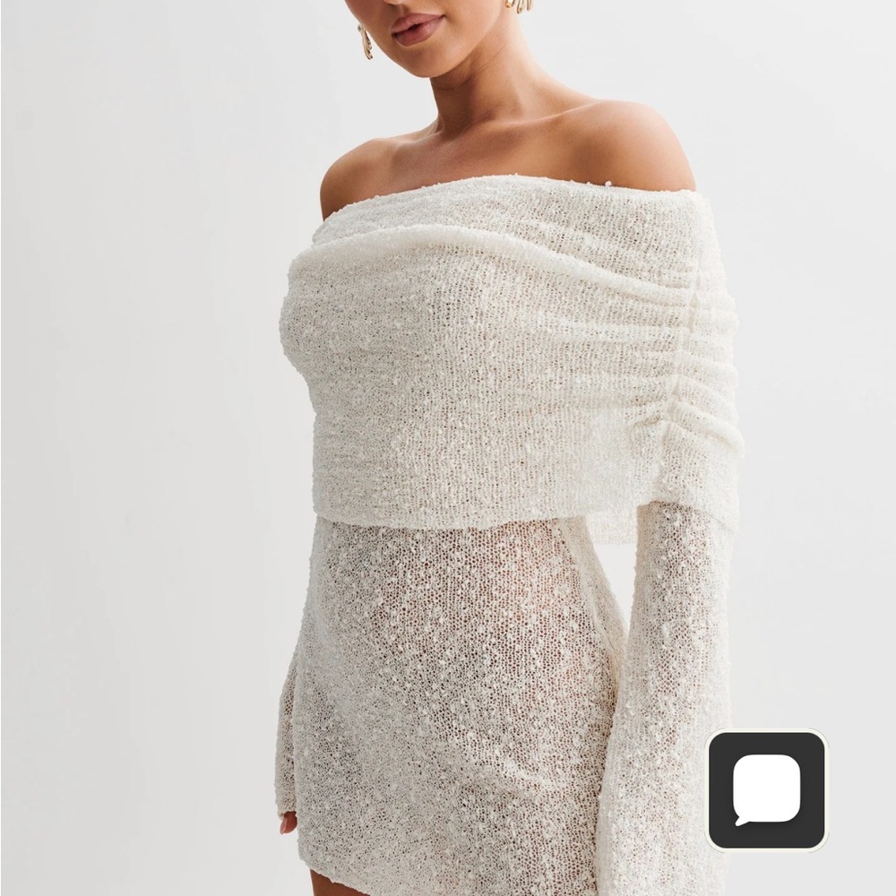 Meshki Marisol
Off Shoulder Boucle Mini Dress - Ivory
